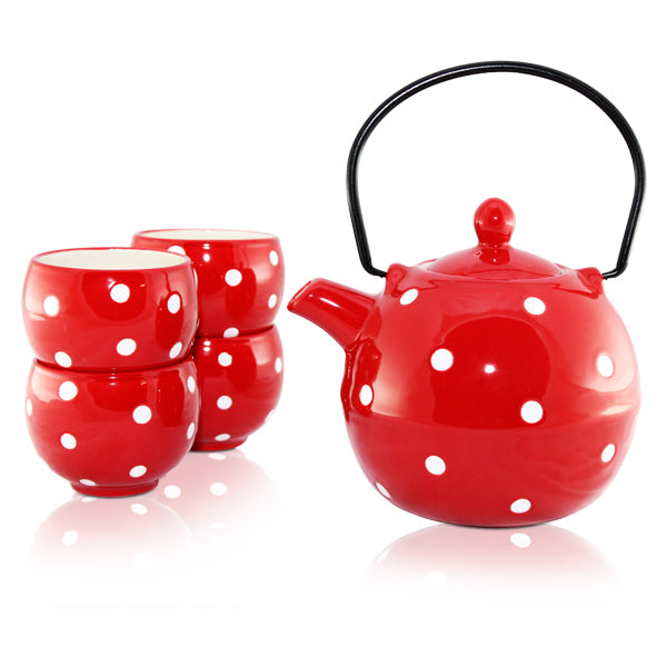 Red Polka Dots Teapot 4 Cup Set 600ml