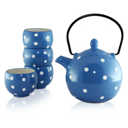 Blue Polka Dots Teapot 4 Cup Set - 600ml