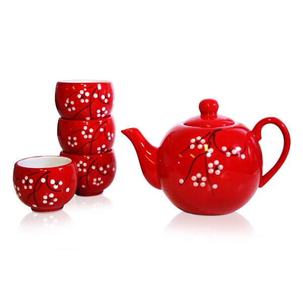 Red Blossoms Teapot 4 Cup Set 600ml